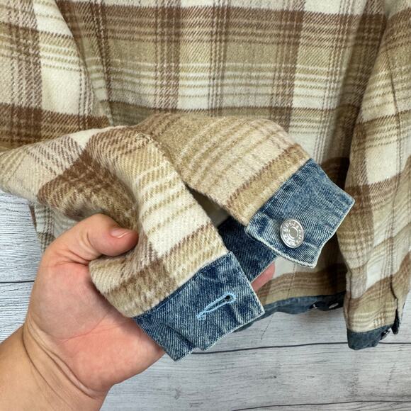 Impressions Plus Size Tan Plaid Denim Trim Fall Shacket Size 1X - Picture 8 of 9